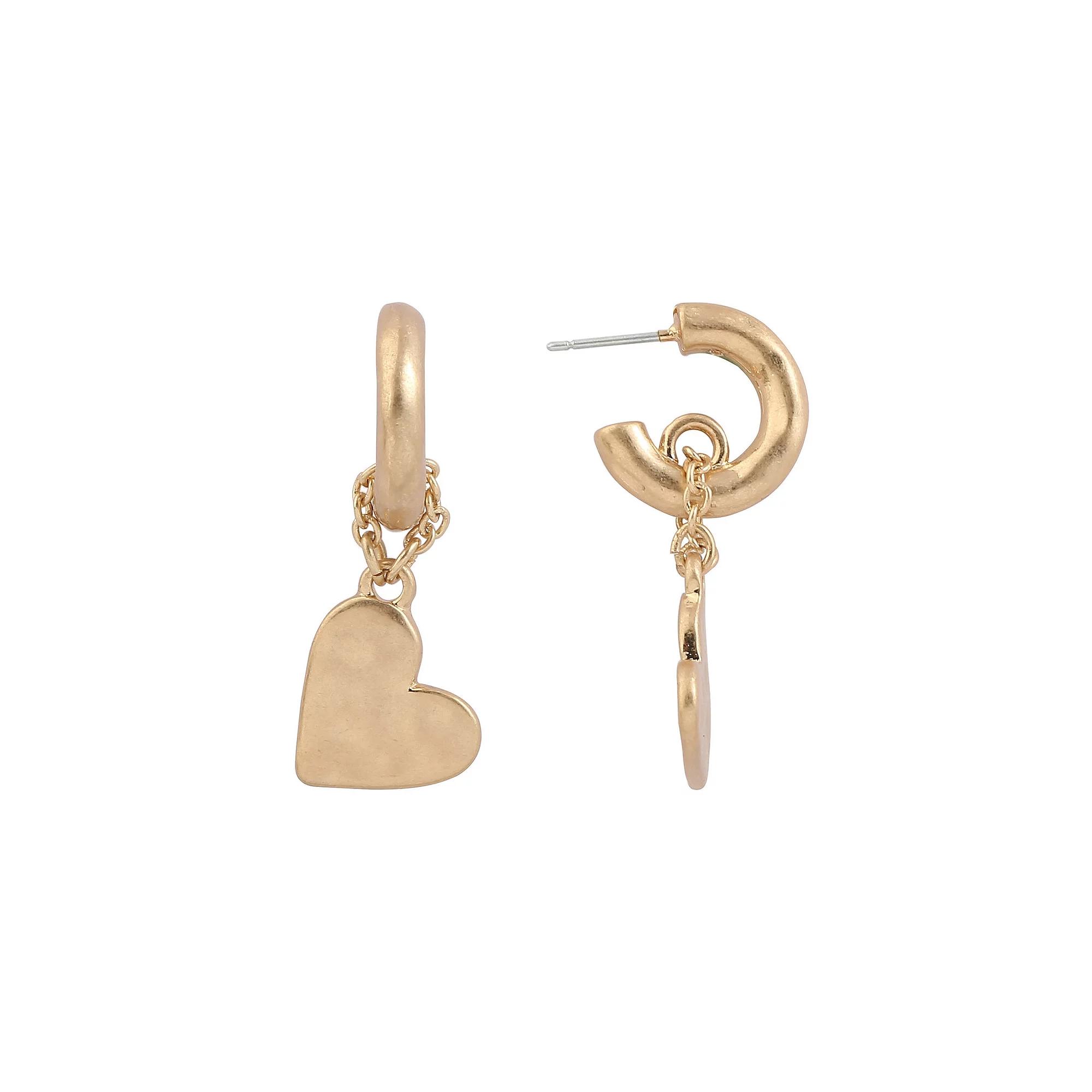 Bella Uno Worn Heart Charm Post Hoop Earrings, Women's, Gold Tone Product Image