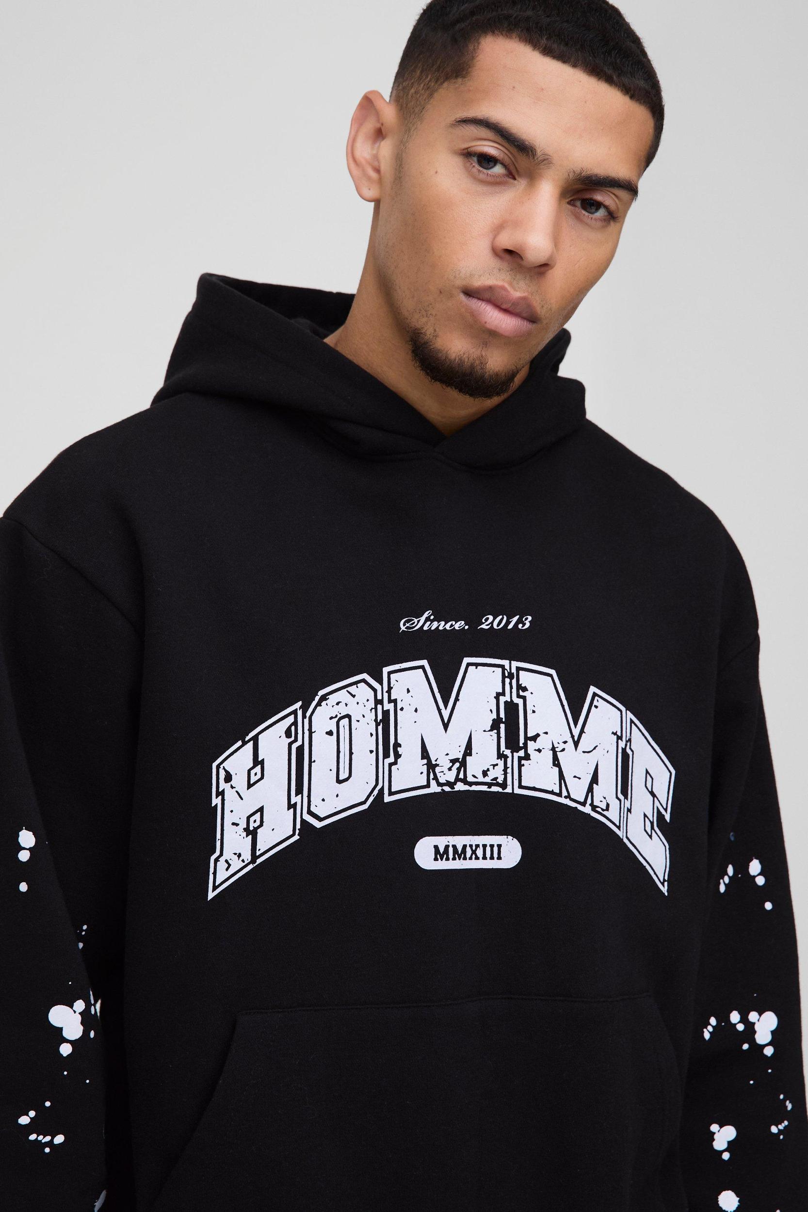 Oversized Boxy Paint Splatter Homme Hoodie | boohooMAN USA Product Image