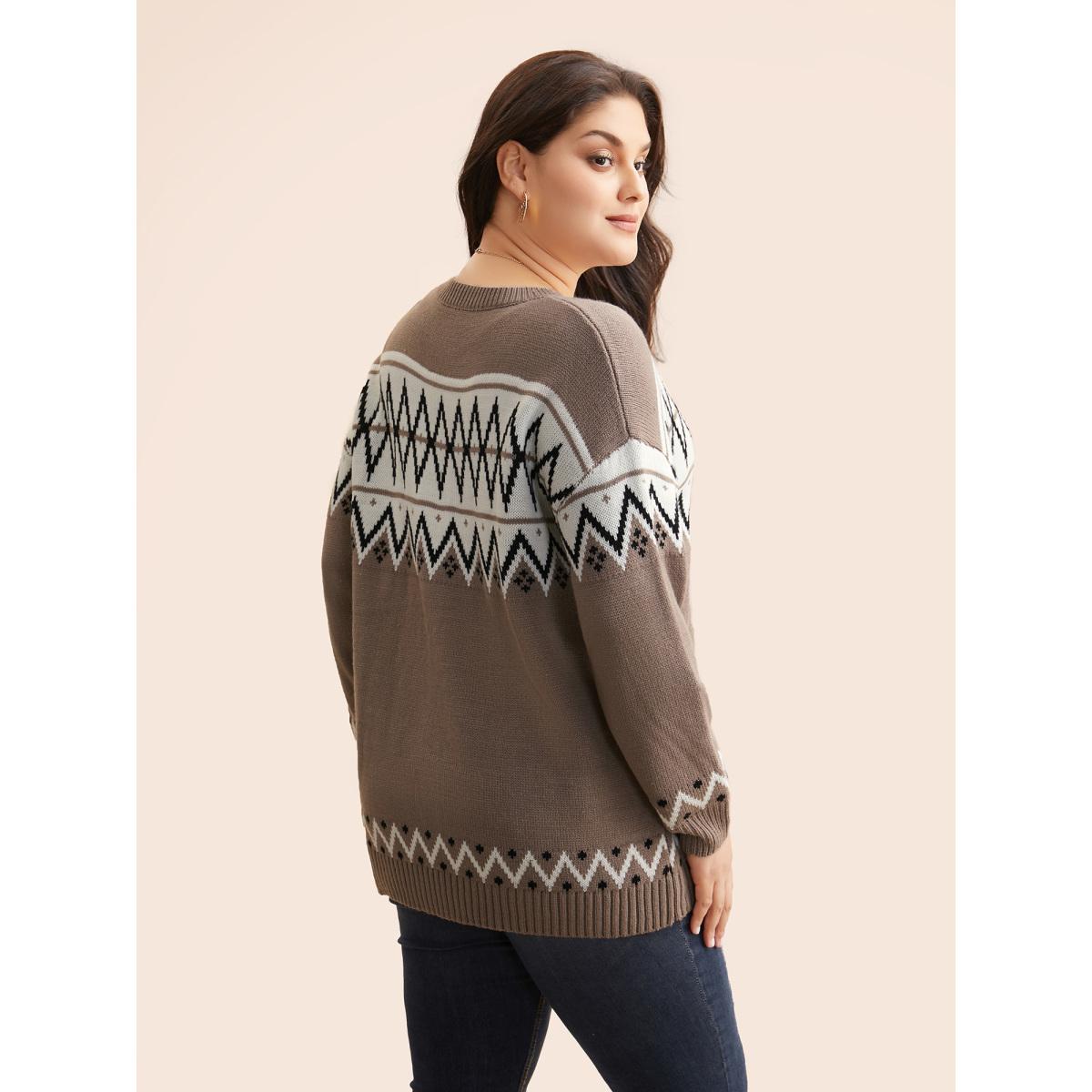 Plus Size Round Neck Geometric Drop Shoulder Cardigan Beige Women Casual Loose Long Sleeve Round Neck Everyday Pullovers BloomChic 10/M Product Image