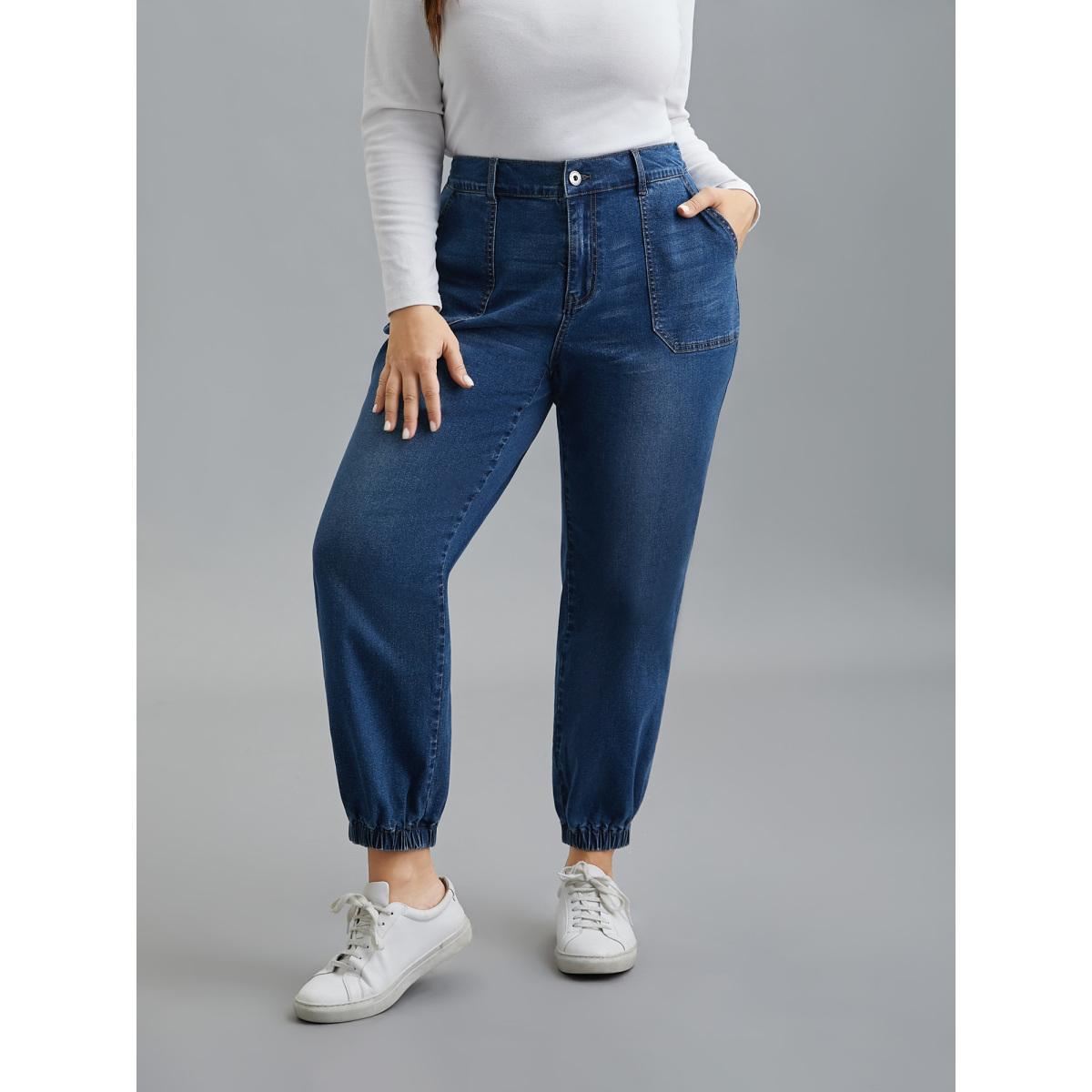 Plus Size Elastic Cuffs Adjustable Waist Straight Jeans Women Midblue Casual Button Medium stretch Slanted pocket Jeans BloomChic 22/3X Product Image