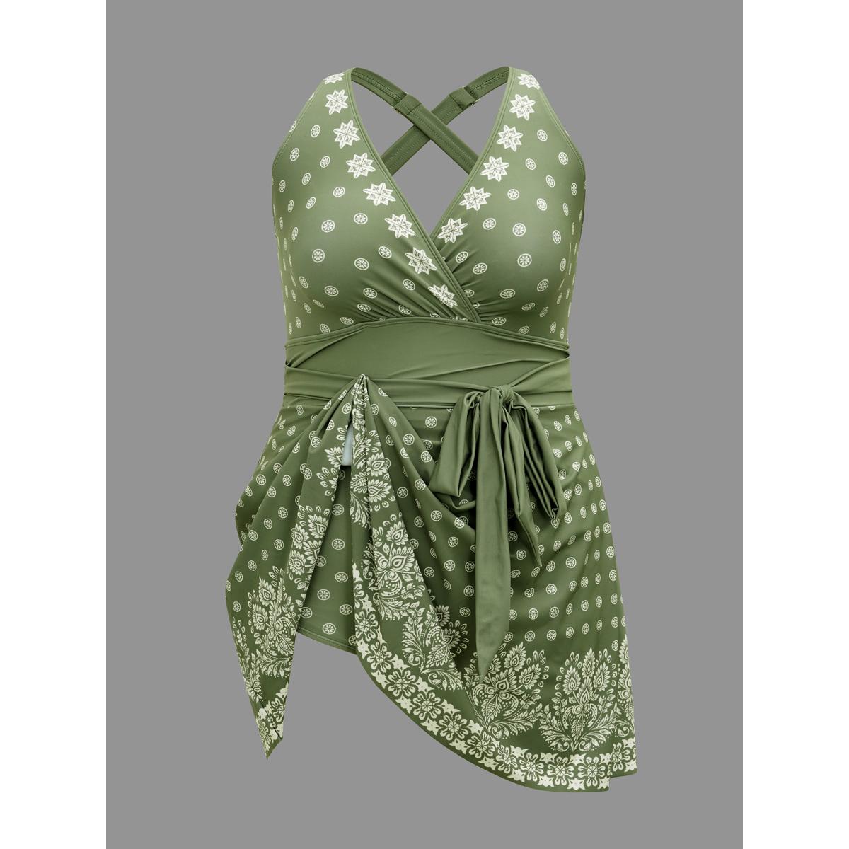 Plus Size Boho Print Waist-Tie Surplice Neck Swim Dress Women's Swimwear Greenbean Resort Bodycon Overlap Collar High stretch Curve Swim Dresses BloomChic 10/M Product Image