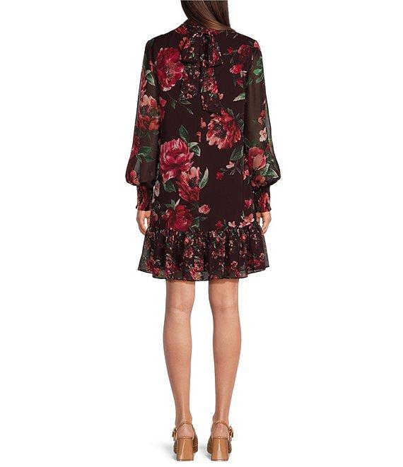 Alex Marie Tinsley Chiffon Floral Print Mock Neck Long Sleeve Ruffled Mini Shift Dress Product Image