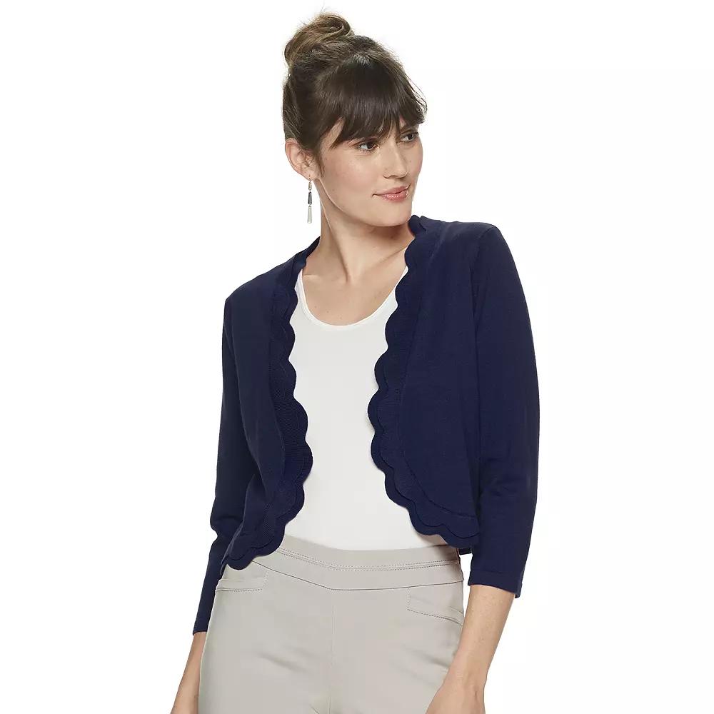 Plus Size Nina Leonard Scallop-Trim Bolero Cardigan, Womens Product Image