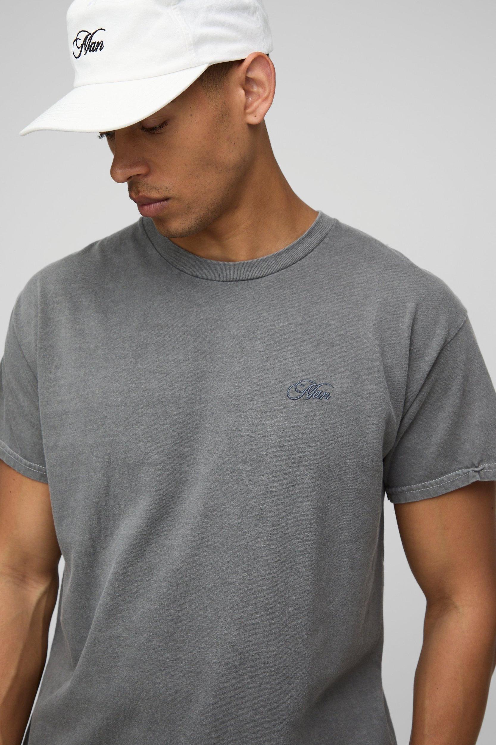 Regular Fit MAN Script Embroidered Washed T-shirt | boohooMAN USA Product Image