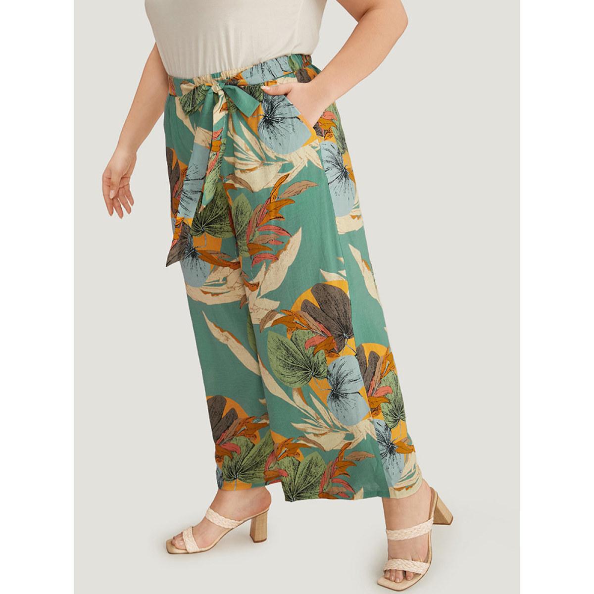 Plus Size Plants Print Elastic Waist Ties Pants Women Mint Vacation Straight Leg High Rise Dailywear Pants BloomChic 26/4X Product Image
