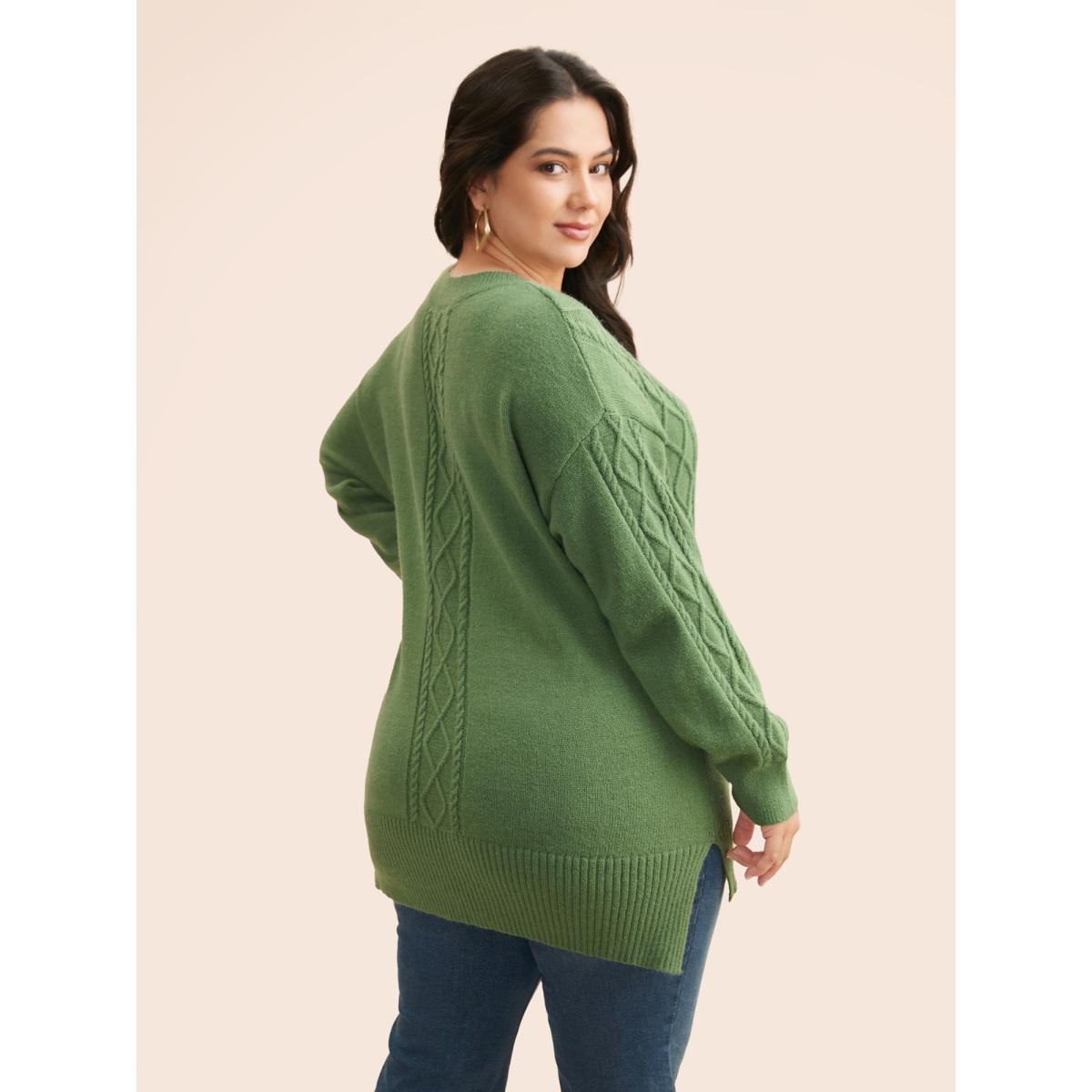 Plus Size Cable Knit Drop Shoulder Slit Hem Pullover LightGreen Women Casual Long Sleeve V-neck Everyday Pullovers BloomChic 10/M Product Image