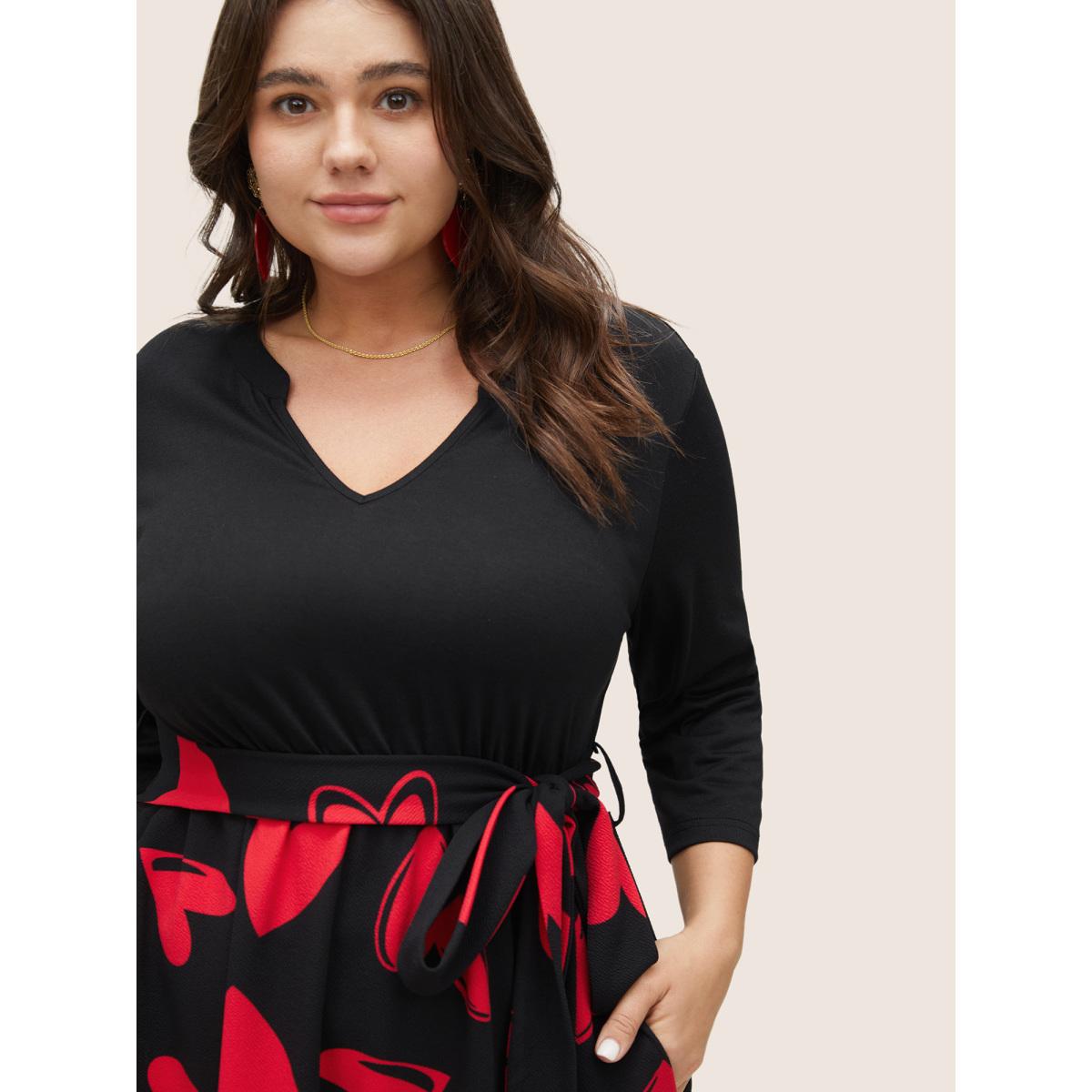 Plus Size Heart Print Notched Belted Patchwork Dress Black Women Elegant Non Notched collar Elbow-length sleeve Curvy Midi Dress BloomChic 28/5X Product Image