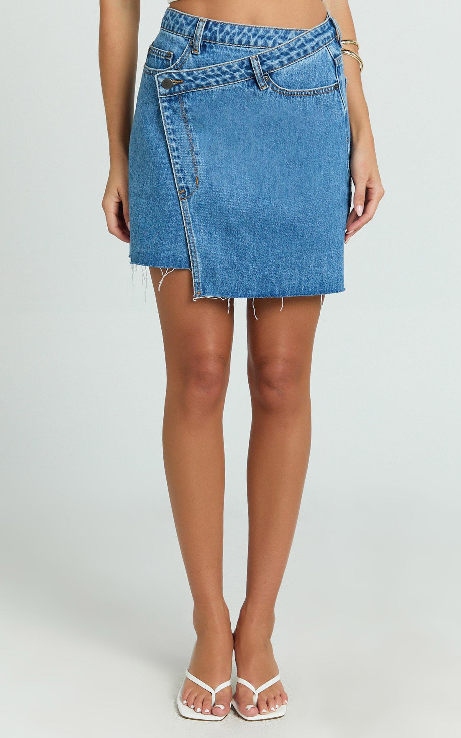 Rihanna Skirt - High Waisted Asymmetrical Denim Skirt in Mid Blue Wash Product Image