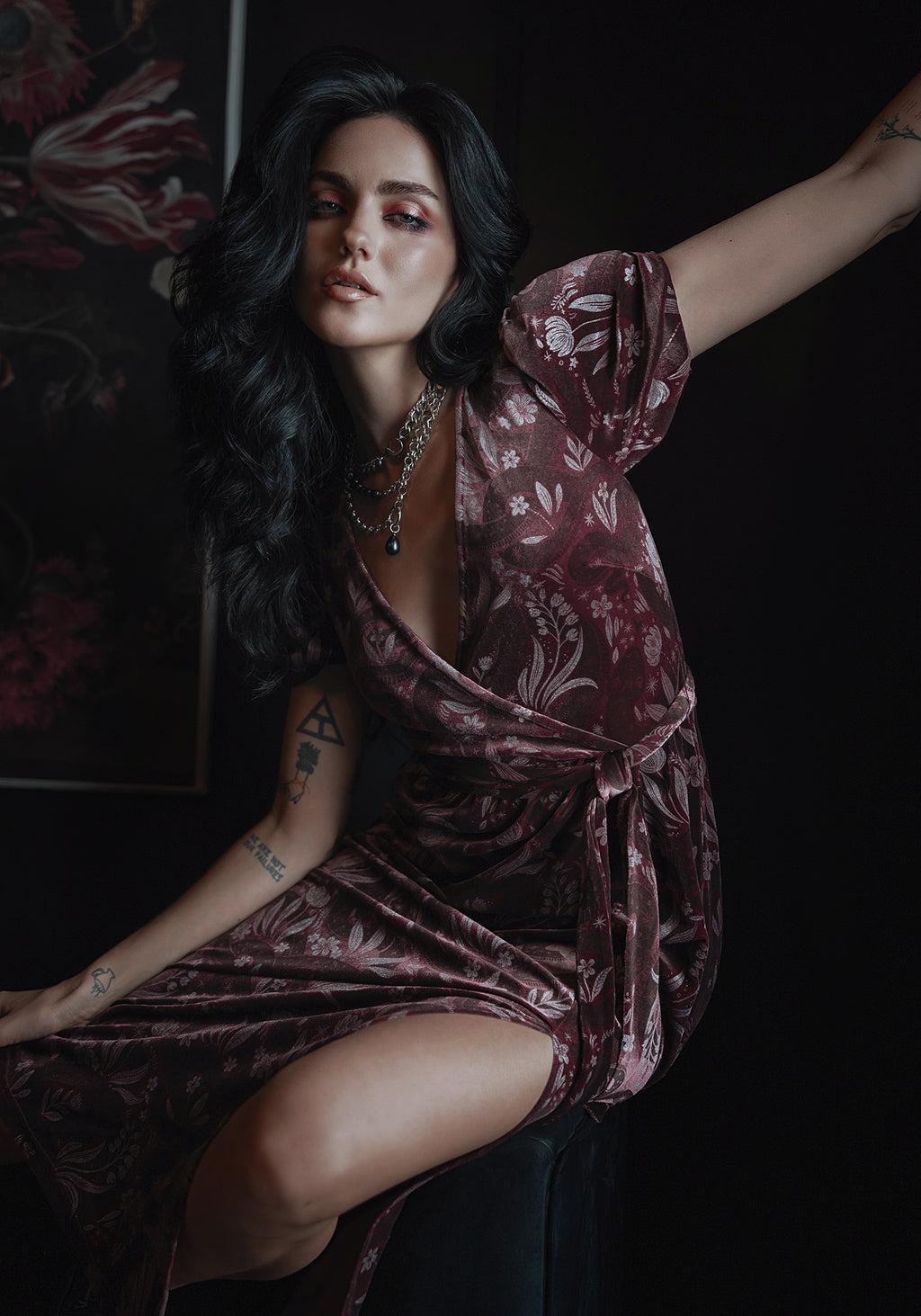 Deception Snake Foil Print Velour Midi Wrap Dress Product Image