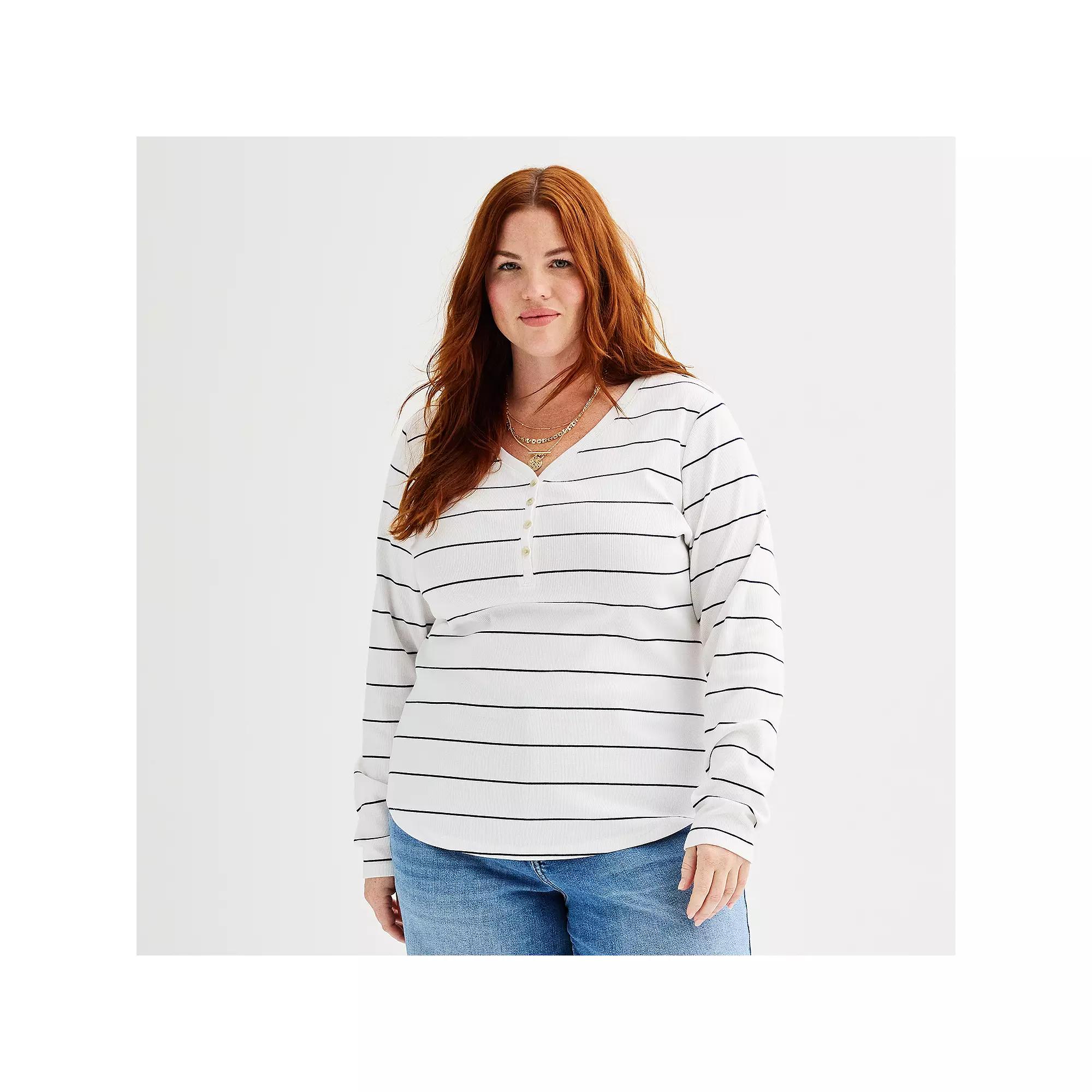 Plus Size Sonoma Goods For Life® Ribbed Long Sleeve Henley, Women's, Size: 1XL, White Blue Stripe Product Image