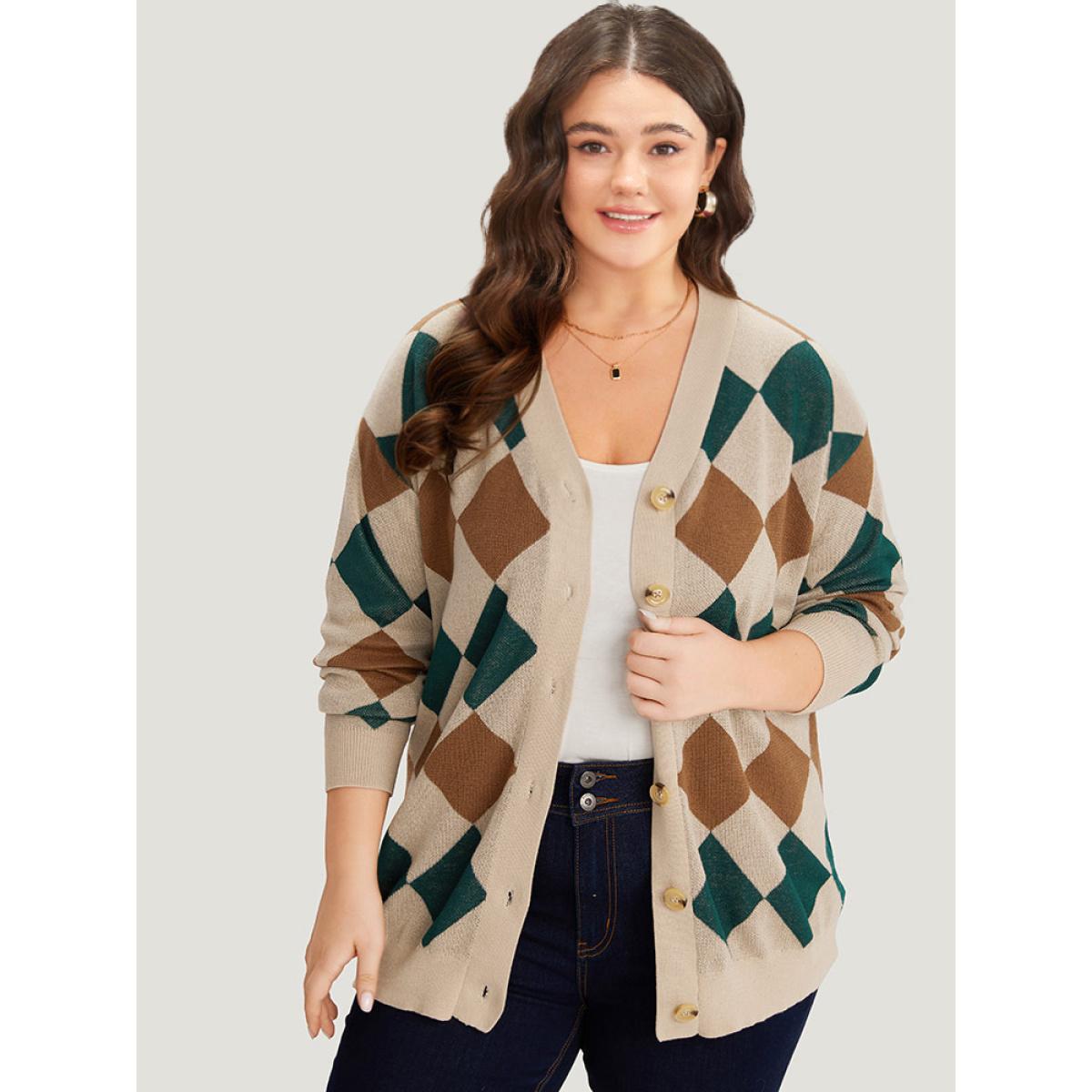 Plus Size Argyle Plaid Contrast Button Up Cardigan Multicolor Women Casual Loose Long Sleeve Dailywear Cardigans BloomChic 26/4X Product Image