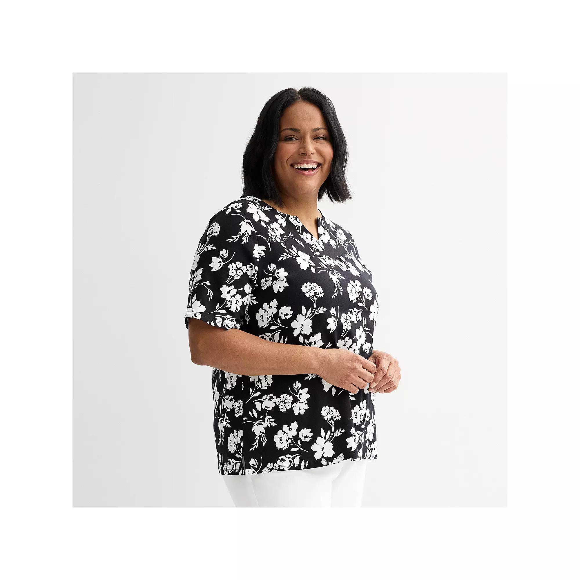 Plus Size Croft & Barrow® Elbow Sleeve Split Neck Top, Women's, Size: 0X, Black Shadow Floral Product Image