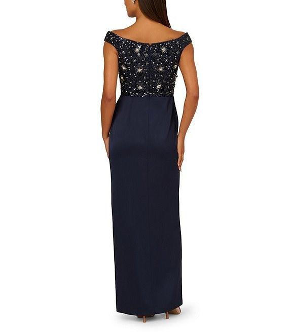 Aidan Mattox Beaded Mesh Off-The-Shoulder Cap Sleeve Satin Column Dress Product Image
