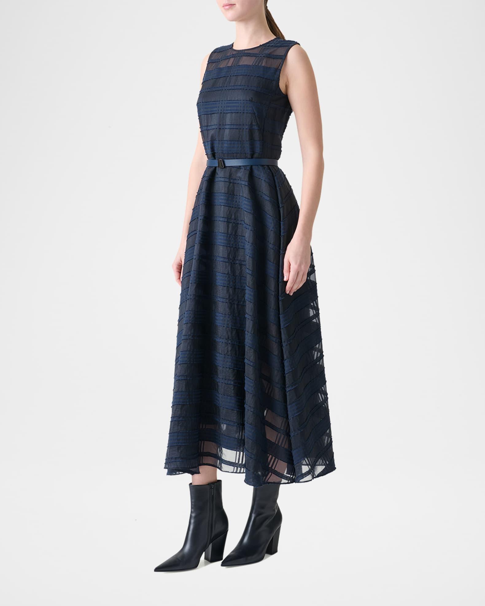 Organdy Plaid Sleeveless A-Line Midi Dress With Belt Product Image