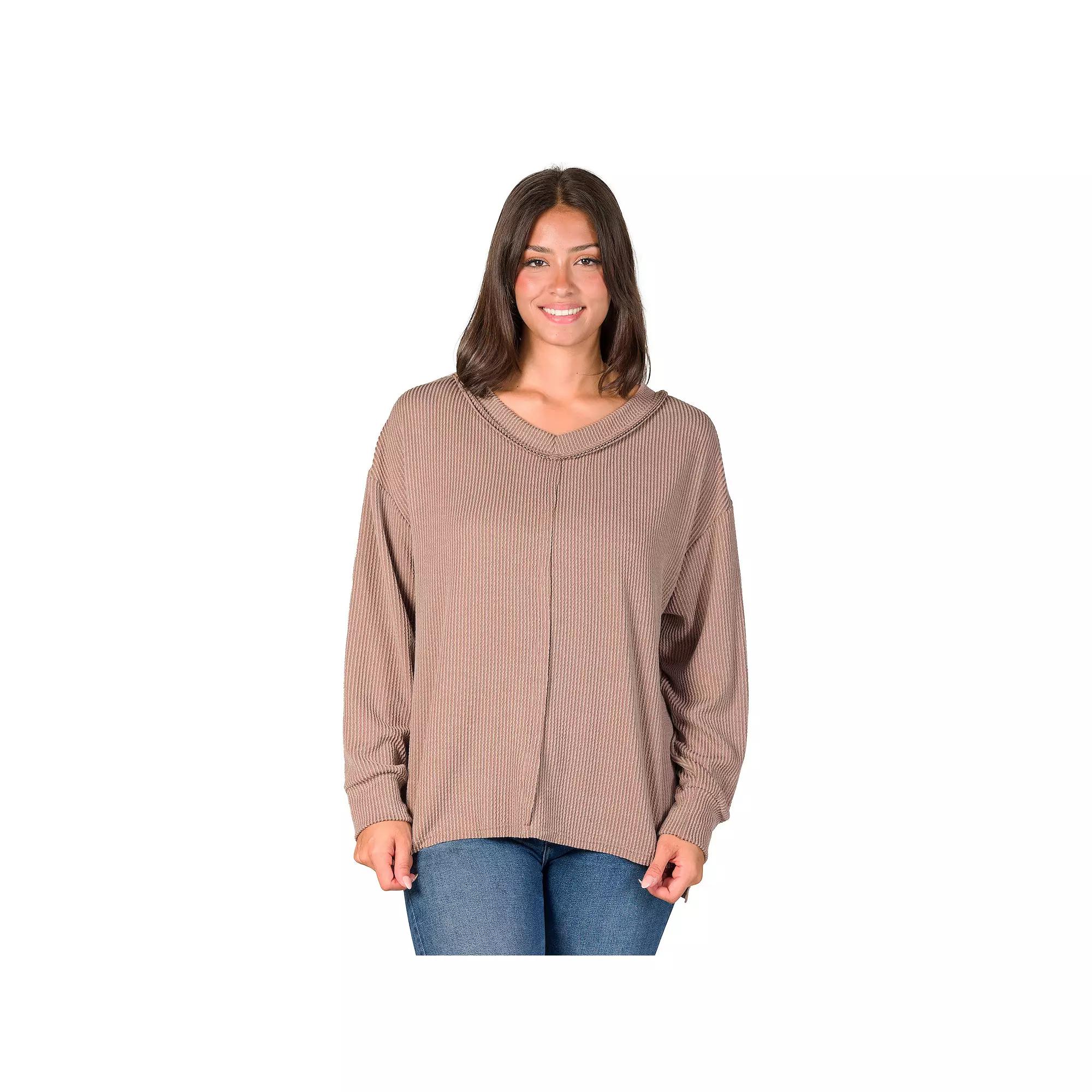Women's 24Seven Comfort Apparel Relaxed Fit Ribbed V Neck Sweater Top,  Product Image