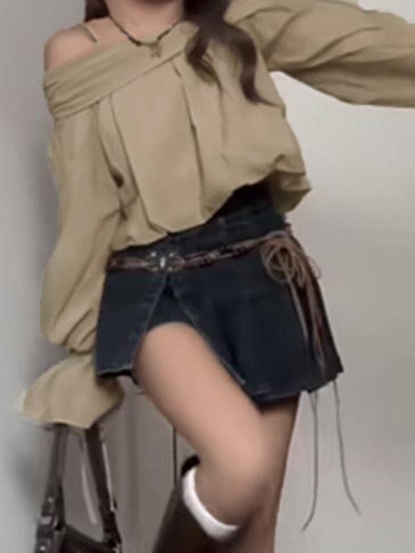 Off Shoulder Tie Up Puff Sleeve Long Sleeve Blouse Product Image