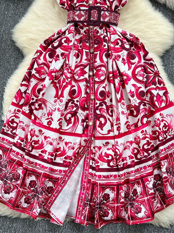 Sleeveless Belt Buckle Buttoned Contrast Color Floral Printed Midi Dresses Product Image