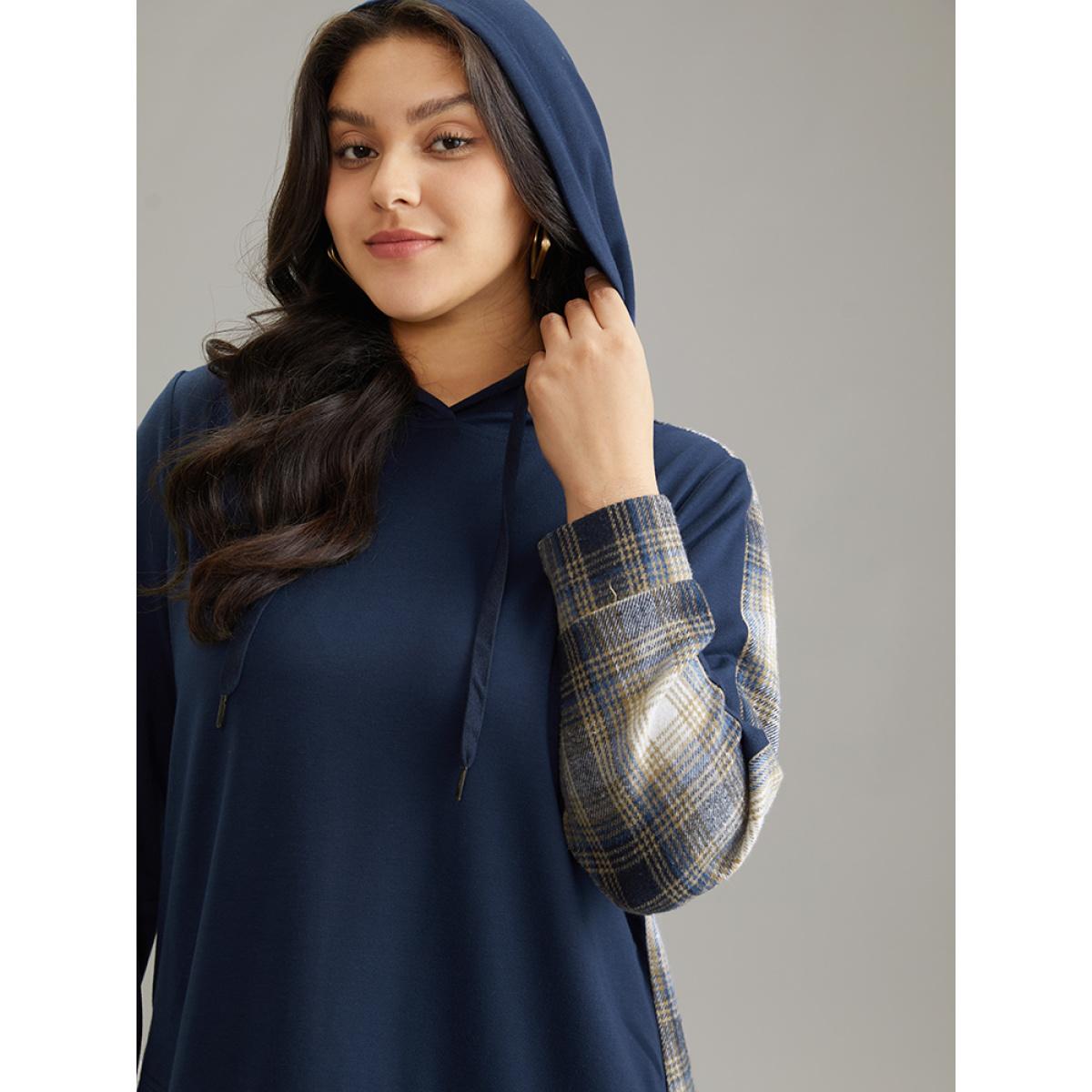 Plus Size Contrast Plaid Hooded Curved Hem Sweatshirt Women Blue Casual Contrast Hooded Dailywear Sweatshirts BloomChic 14-16/1X Product Image