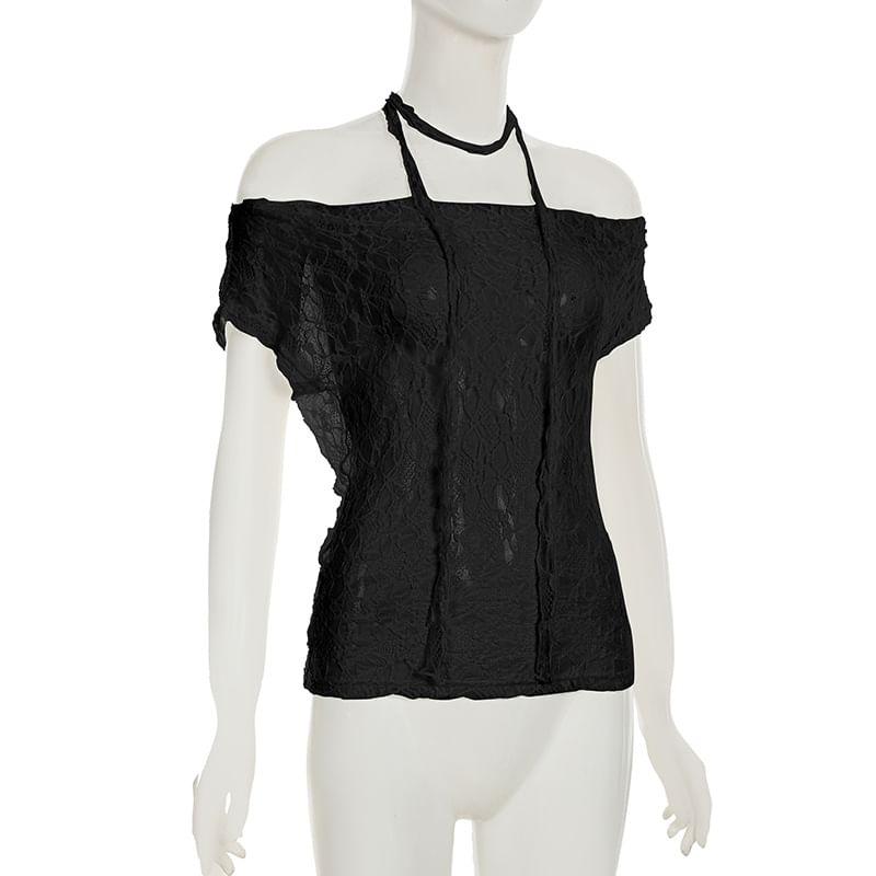 Set: Short-Sleeve Off-Shoulder Lace Top + Thin Scarf Product Image