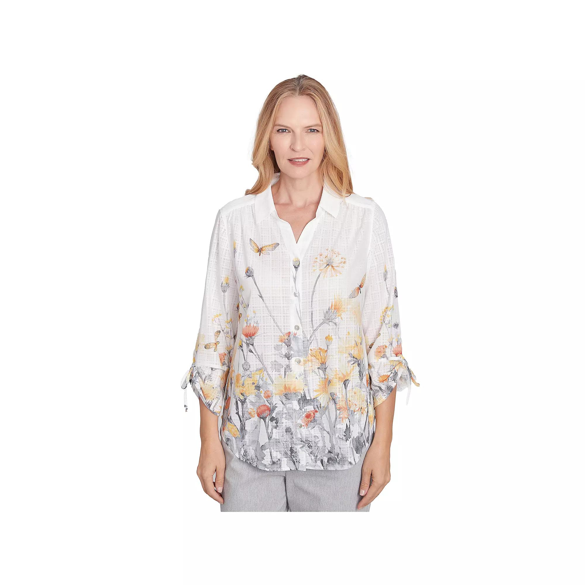 Women's Alfred Dunner Button Down Butterfly Floral Top with Necklace,  Product Image