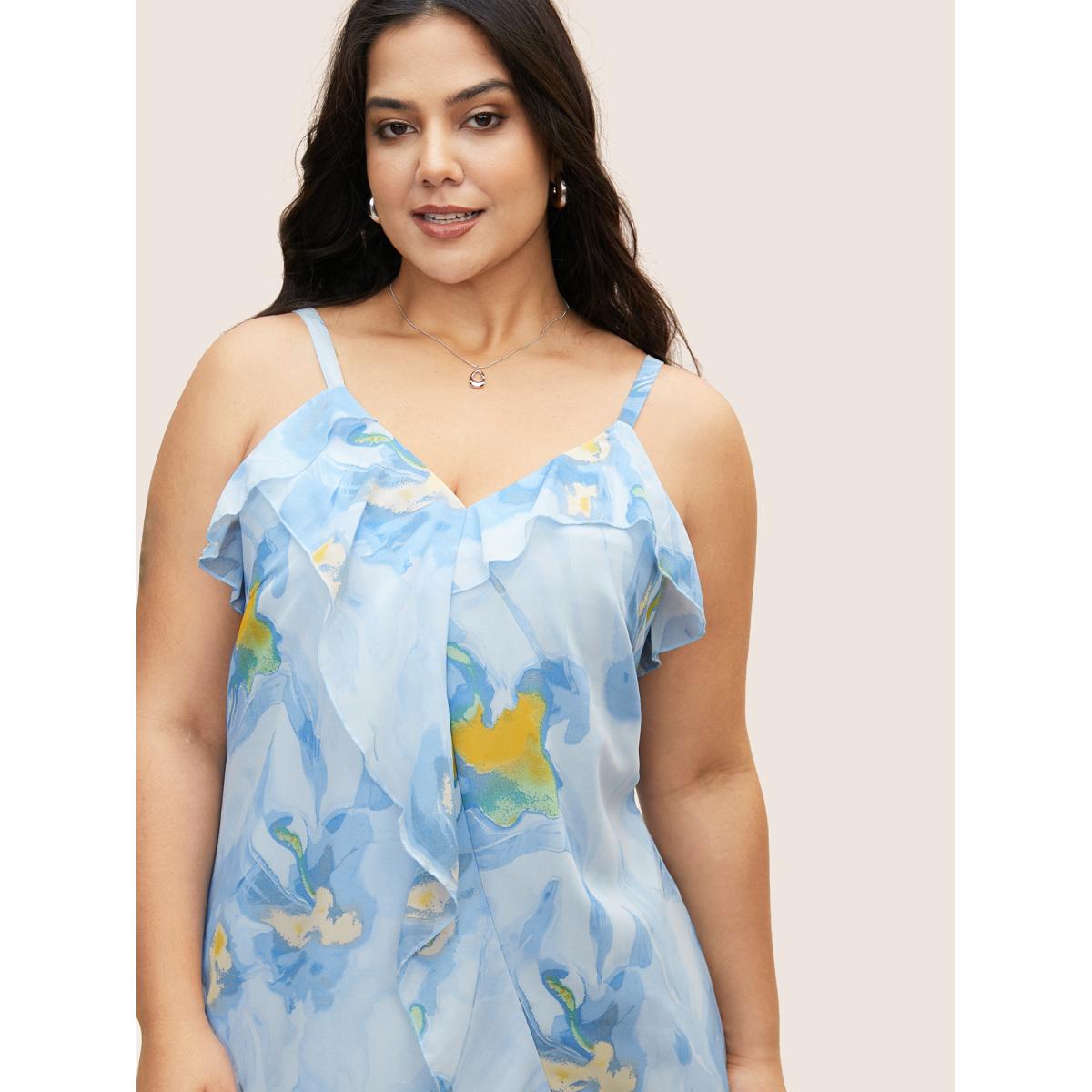 Plus Size Watercolor Floral Ruffle Trim Slit Hem Dress LightBlue Women Elegant Slit Non Sleeveless Curvy BloomChic 12/L Product Image