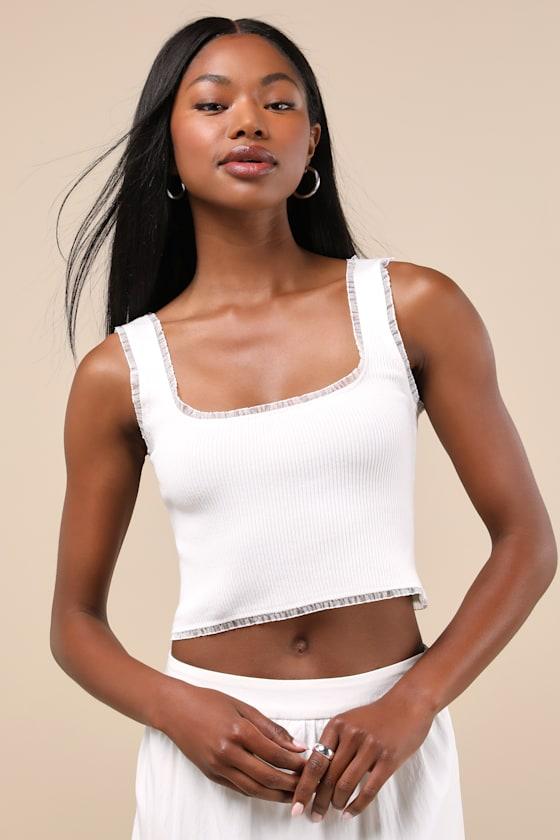 Josepha White Ribbed Knit Ruffled Crop Tank Top Product Image