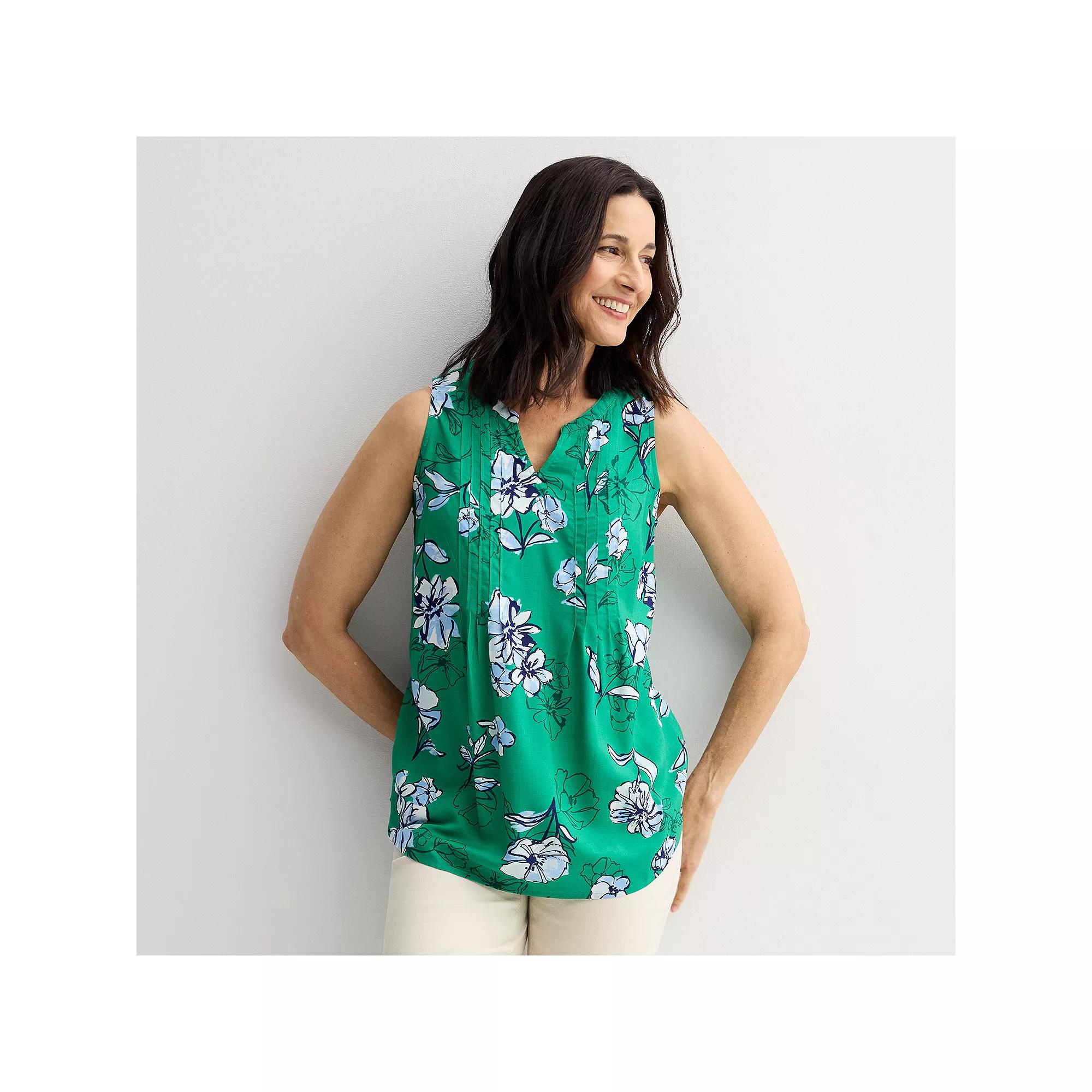 Women's Croft & Barrow® Pintuck Sleeveless Shell Top, Size: XXL, Green Navy Floral Product Image
