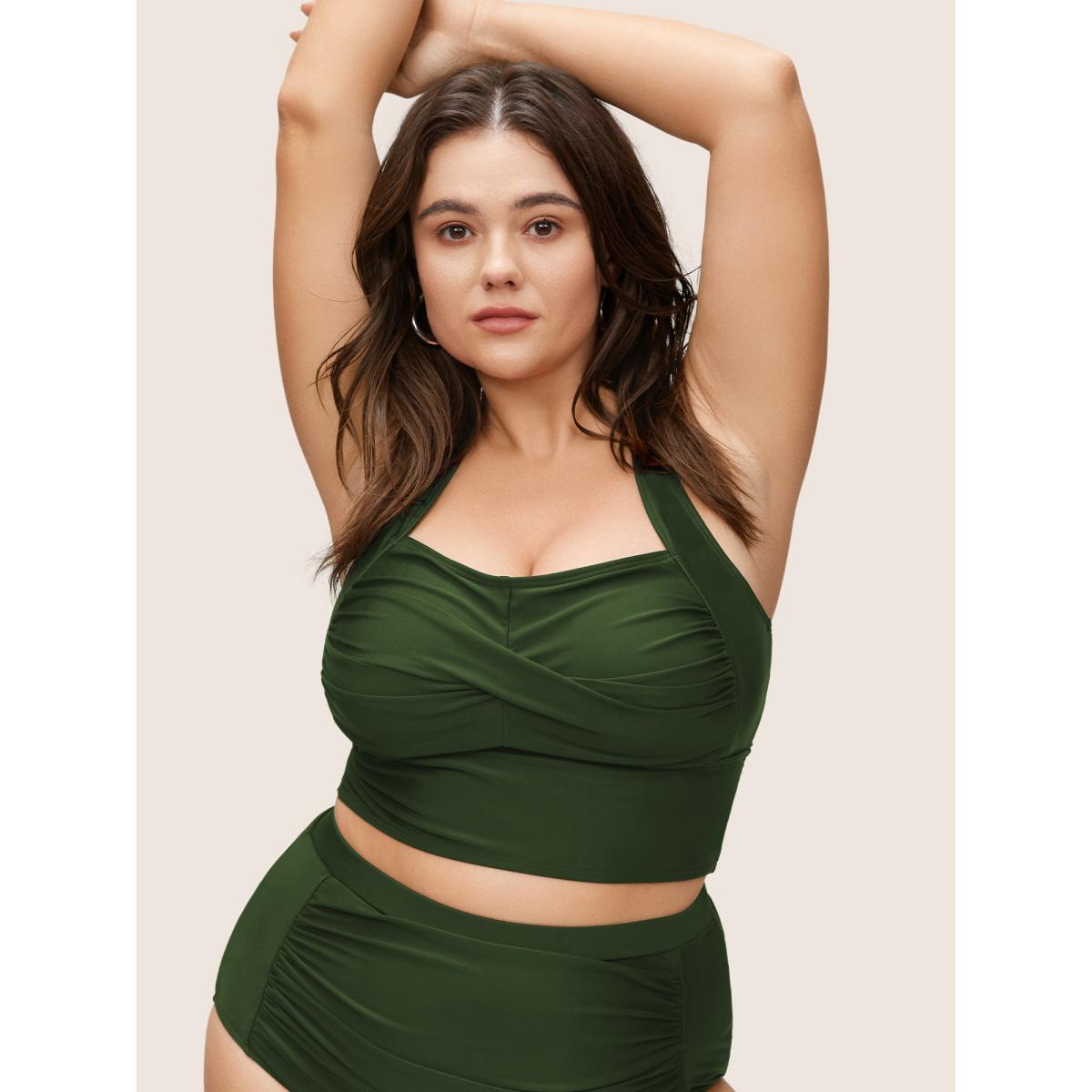 Plus Size Solid Crossover Square Neck Adjustable Straps Swim Top Women's Swimwear ArmyGreen Resort Twist High stretch Skinny Square Neck Curve Swim Tops BloomChic 10/M Product Image