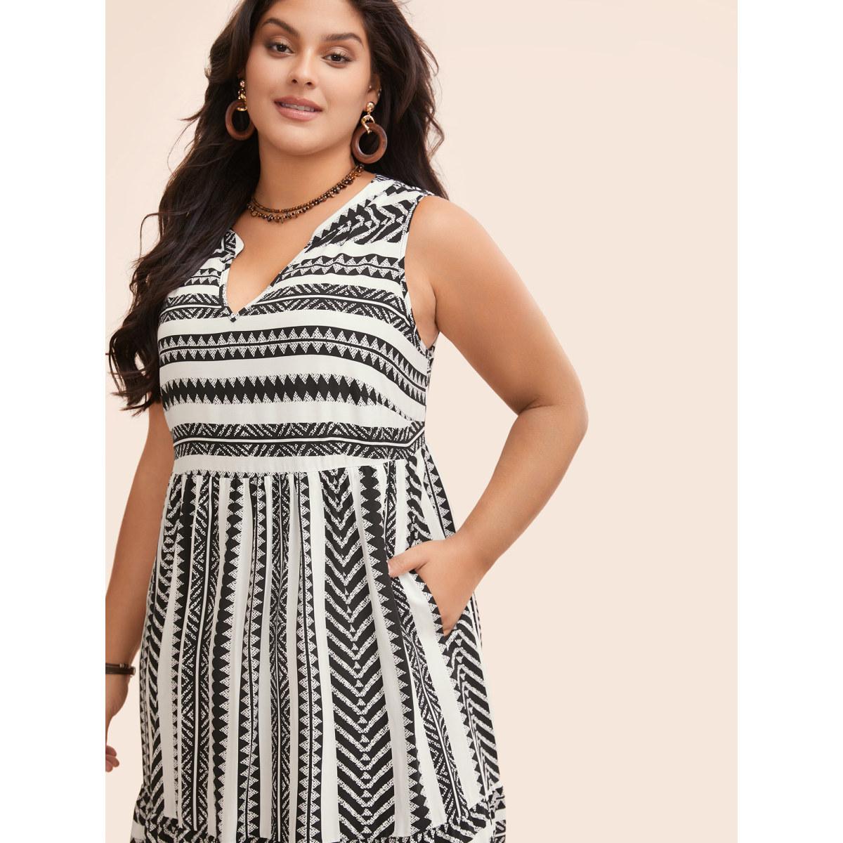 Plus Size Striped Geometric Pocket Ruffle Hem Sleeveless Tank Dress Ivory Women Casual Non V-neck Sleeveless Curvy BloomChic 12/L Product Image
