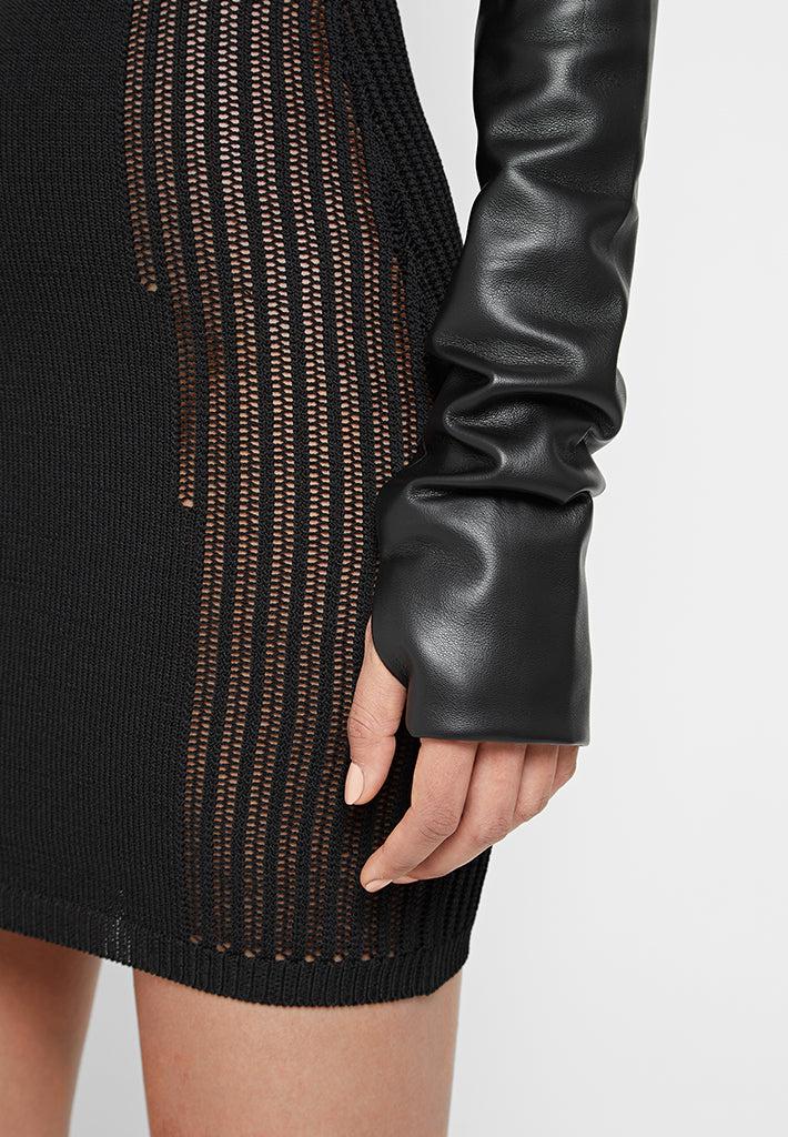 Knitted Contour Dress with Leather Sleeves - Black Female Product Image