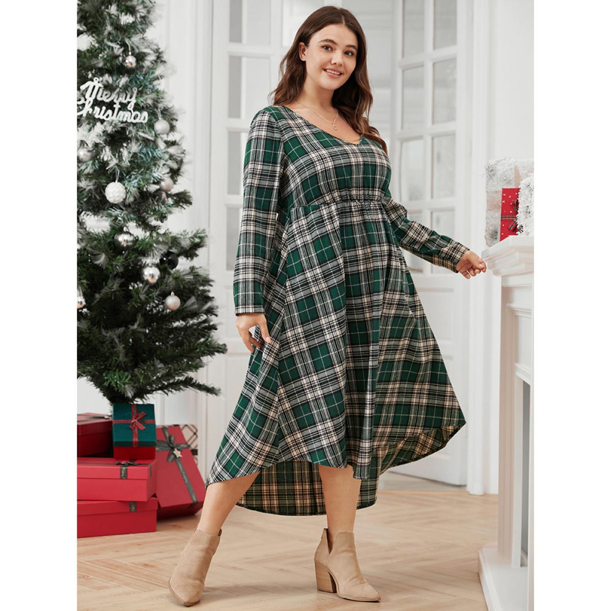 Plus Size Plaid V Neck Pocket High Low Hem Dress Without Belt DarkGreen Women Elegant Pocket V-neck Long Sleeve Curvy Midi Dress BloomChic 10/M Product Image
