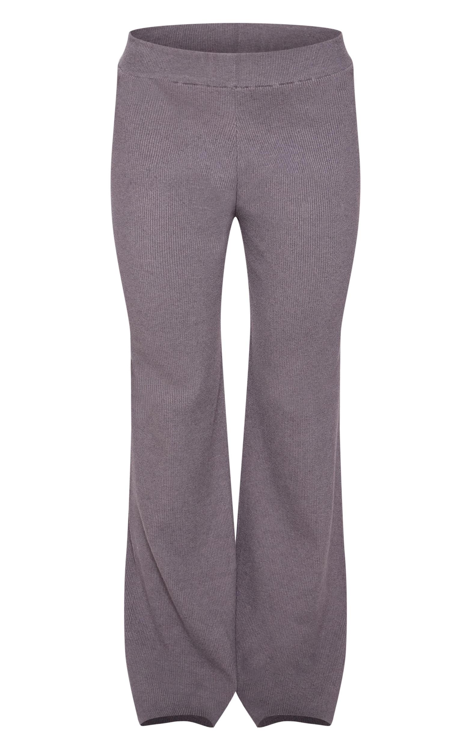 Grey Light Rib Knit Wide Leg Pants Product Image