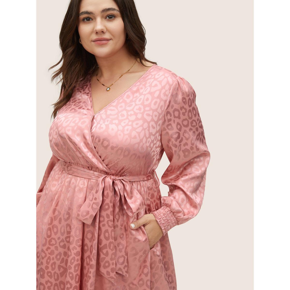Plus Size Leopard Shirred Wrap Belted Gathered Dress Crepe Women Elegant Wrap Overlap Collar Long Sleeve Curvy Midi Dress BloomChic 30/6X Product Image