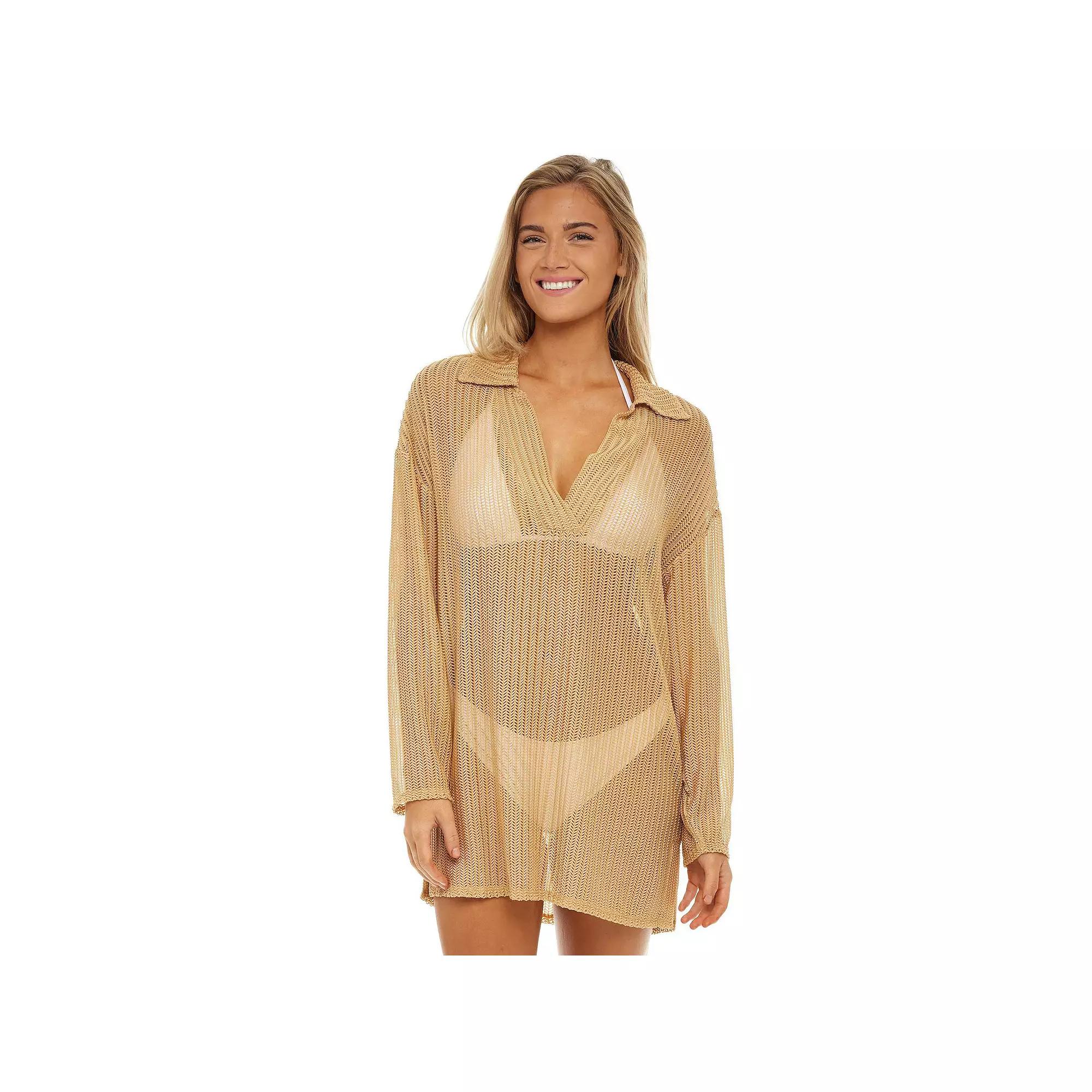 Women's Jordan Taylor Polo Collar Swim Cover-Up Tunic, Size: Medium, Gold Product Image