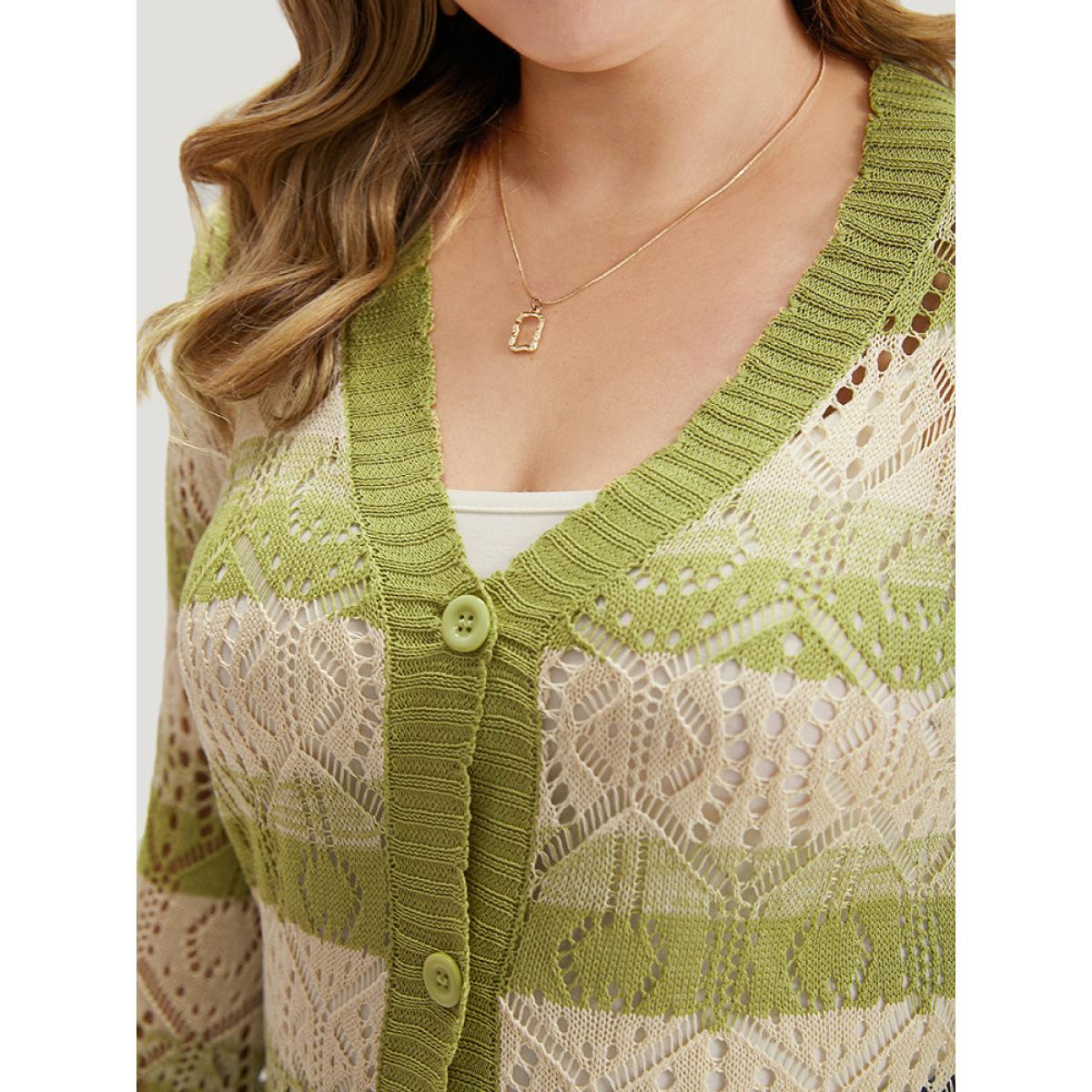 Plus Size Striped Contrast Button Front Cardigan LightGreen Women Casual Loose Long Sleeve Everyday Cardigans BloomChic 22-24/3X Product Image