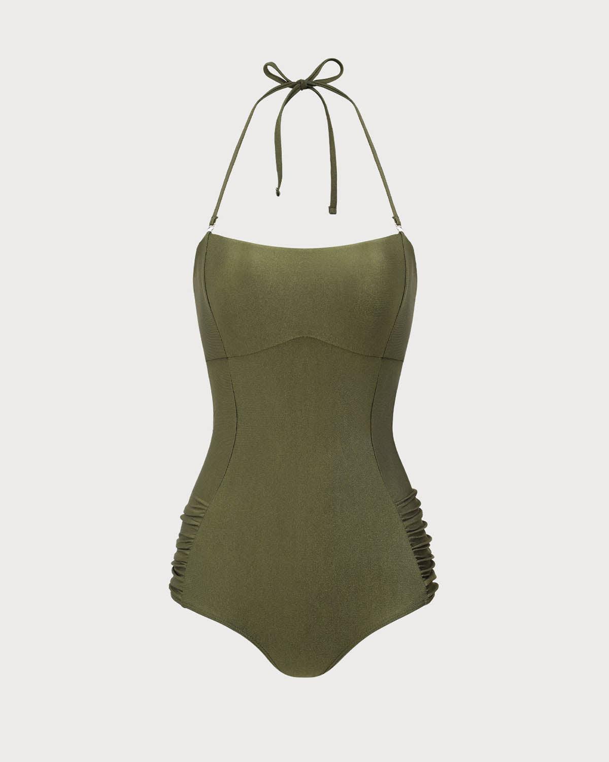 Green Ruched Halter One-Piece Swimsuit Product Image