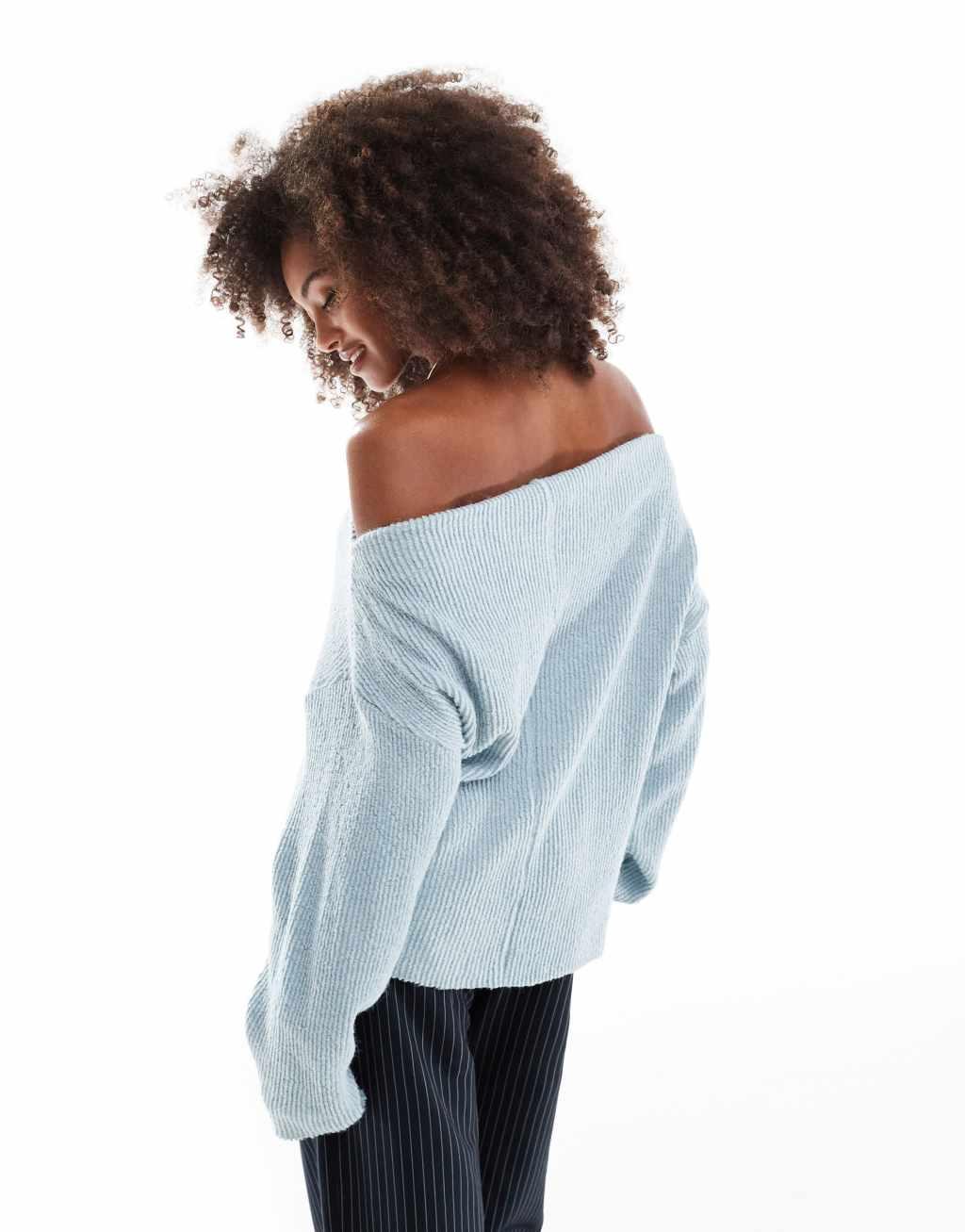 ASOS DESIGN boucle rib off shoulder sweat in blue Product Image