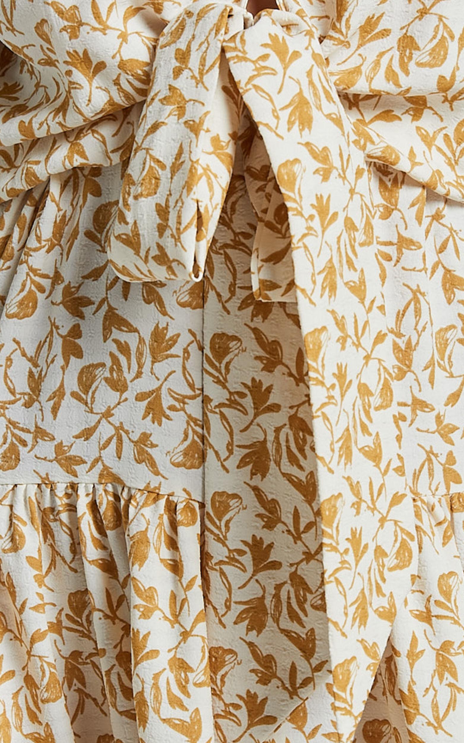 Alena Midi Dress - Short Puff Sleeve Tie Front Tiered Dress in Golden Floral Product Image