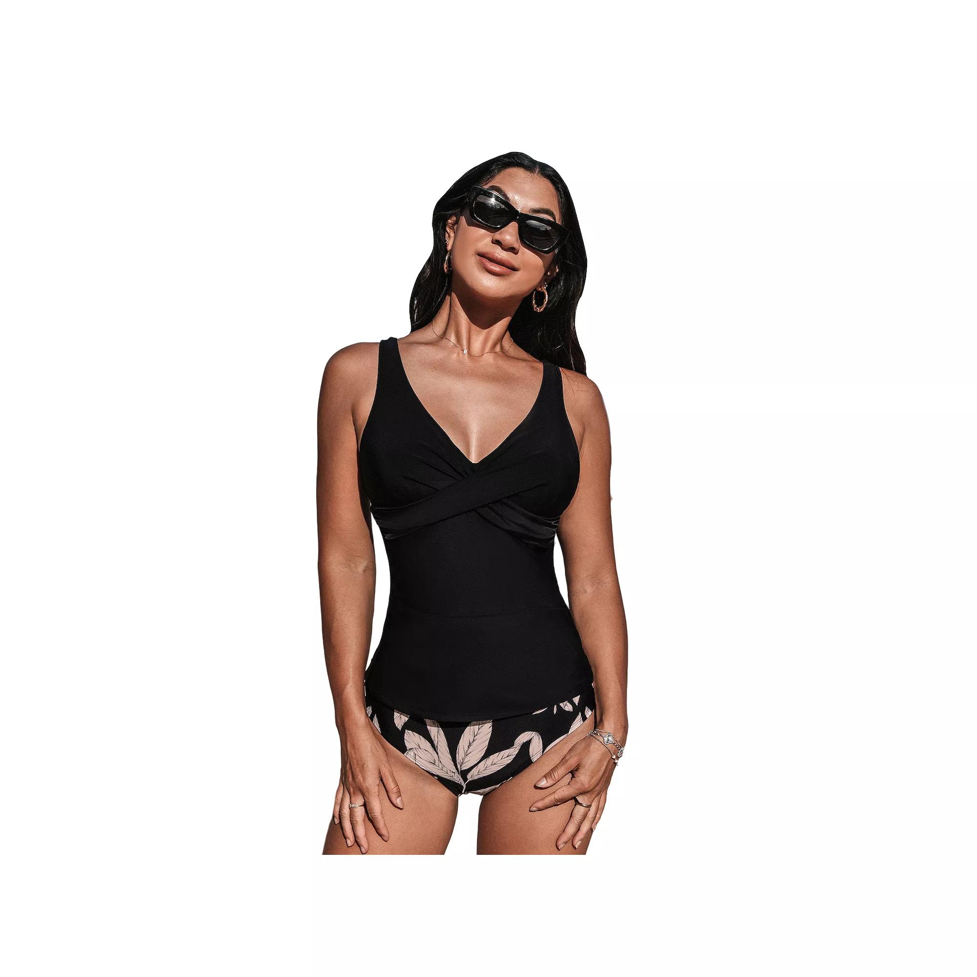 Women's Cupshe 2-Piece Black Wrapped Tankini Swim Top & Tropical Mid-Rise Swim Bottoms Set,  Product Image