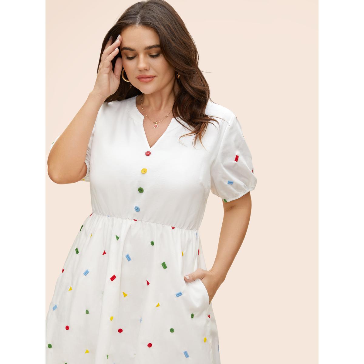 Plus Size Cotton Confetti Print Elastic Waist Midi Dress Originalwhite Women Elegant Gathered Notched collar Short sleeve Curvy BloomChic 12/L Product Image