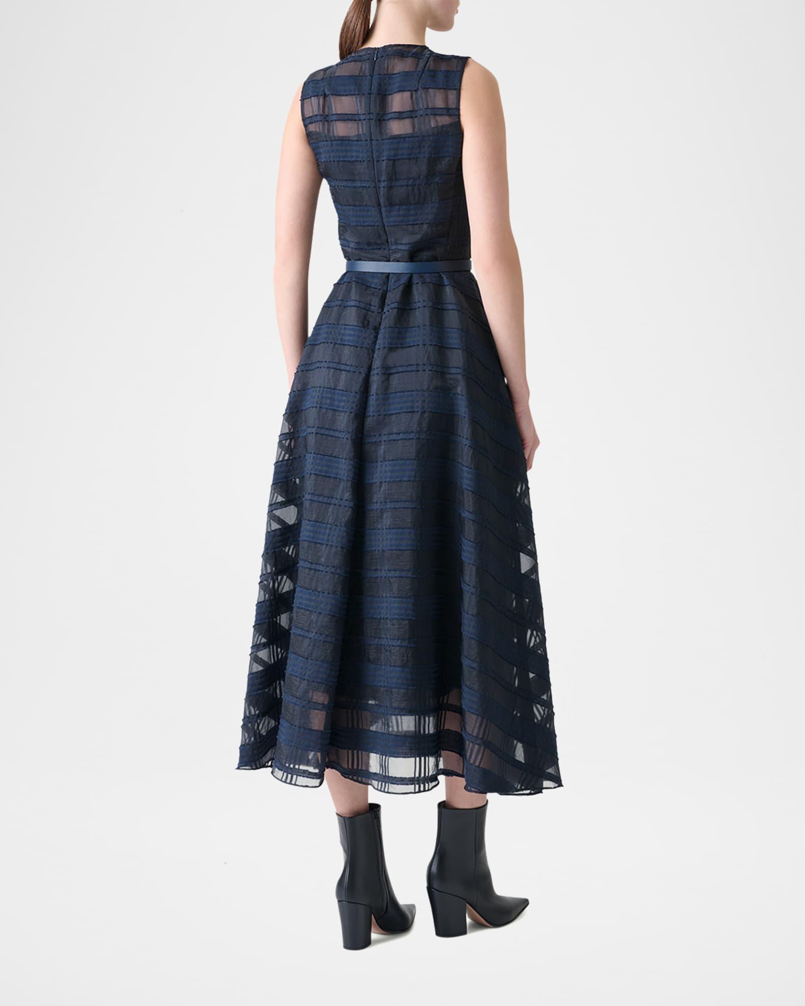Organdy Plaid Sleeveless A-Line Midi Dress With Belt Product Image