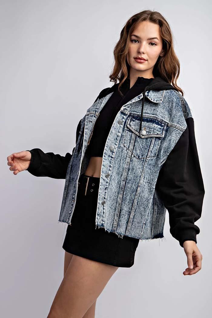 Drawstring Hooded Denim Jacket Product Image