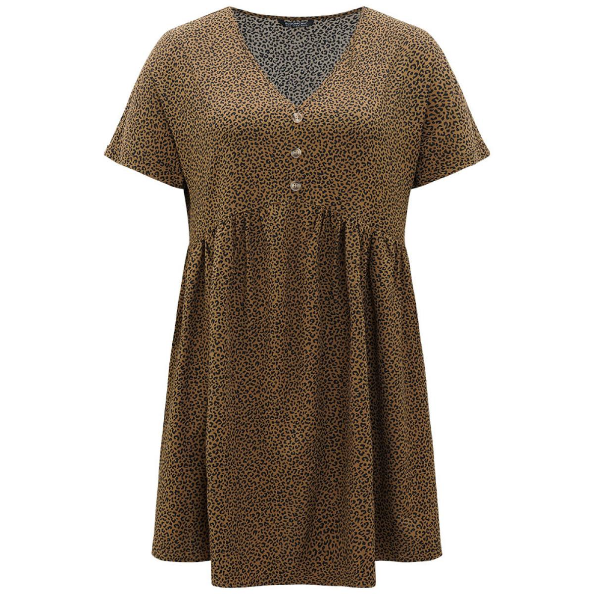 Plus Size Leopard Print V Neck Button Detail Dolman Sleeve Dress Bronze Women Elegant Button V-neck Short sleeve Curvy Knee Dress BloomChic 14-16/1X Product Image