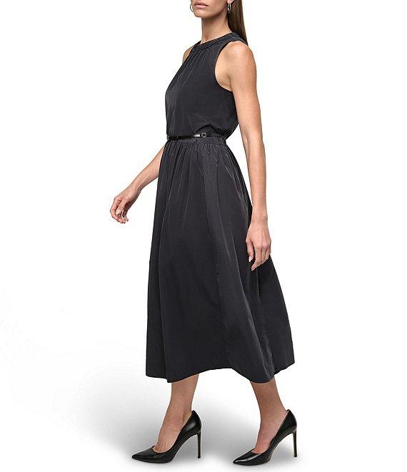 DKNY by Donna Karan Ruched Crew Neck Drop Waist Tech Taffeta Midi Dress Product Image