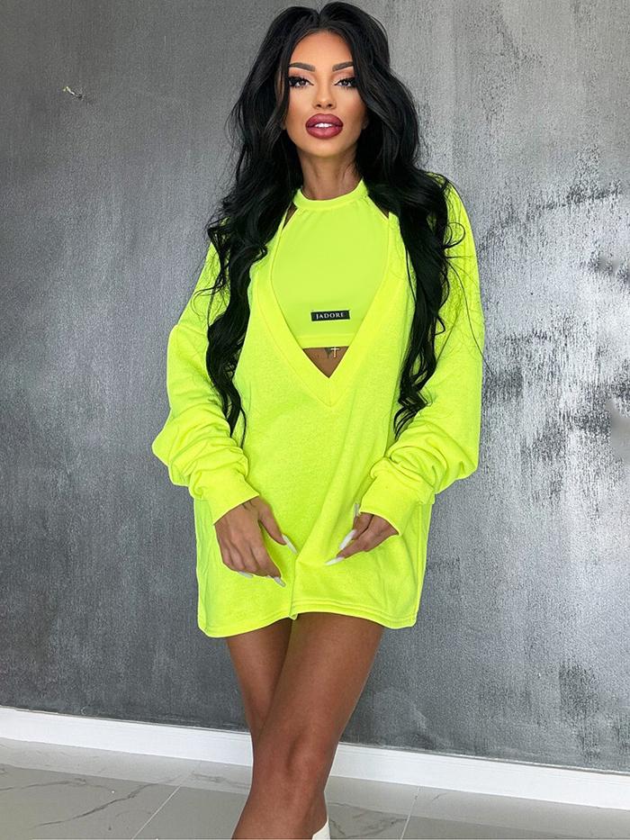 Loose Solid Color Round-Neck Mini Dresses & Vest Top Two Pieces Set  Product Image