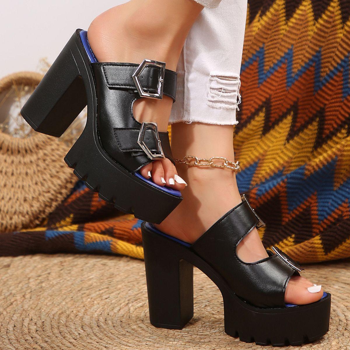 Open Toe Double Buckle Platform Block Heel Sandals Product Image