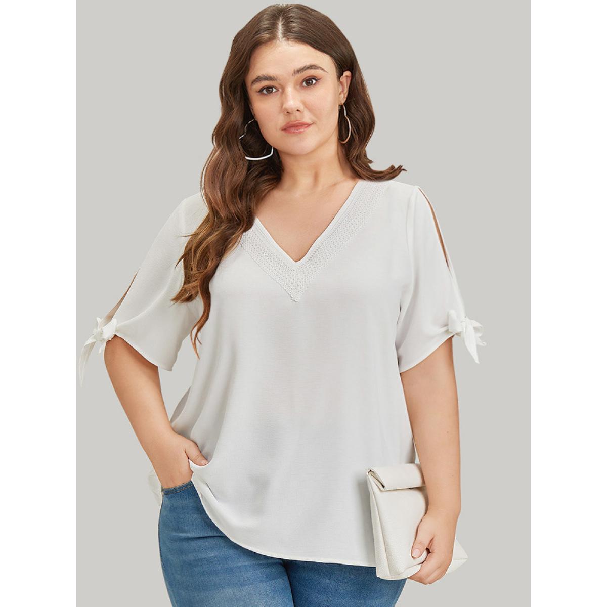 Plus Size Ivory Anti-Wrinkle Plain Lace Cut Out Knot Sleeve Blouse Women Office Short sleeve V-neck Office Blouses BloomChic 12/L Product Image