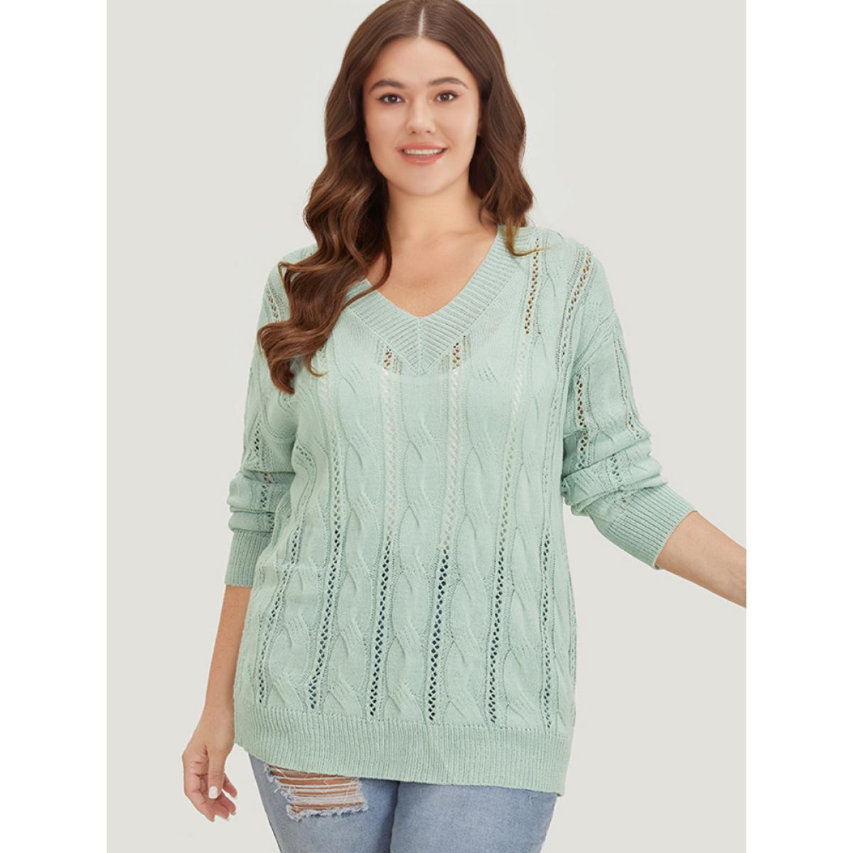 Plus Size Plain Cable Knit Drop Shoulder Pullover LightGreen Women Casual Loose Long Sleeve V-neck Dailywear Pullovers BloomChic 10/M Product Image