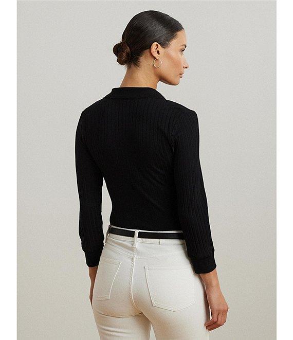 Lauren Ralph Lauren Rib-Knit Polo Collar 3/4 Sleeve Shirt Product Image
