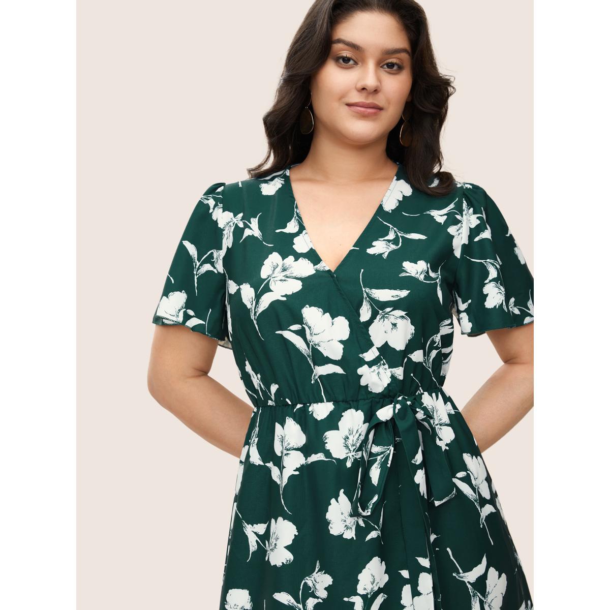 Plus Size Floral Ruffle Knot Side Wrap Dress DarkGreen Women Elegant Ruffles V-neck Short sleeve Curvy Midi Dress BloomChic 18/2X Product Image